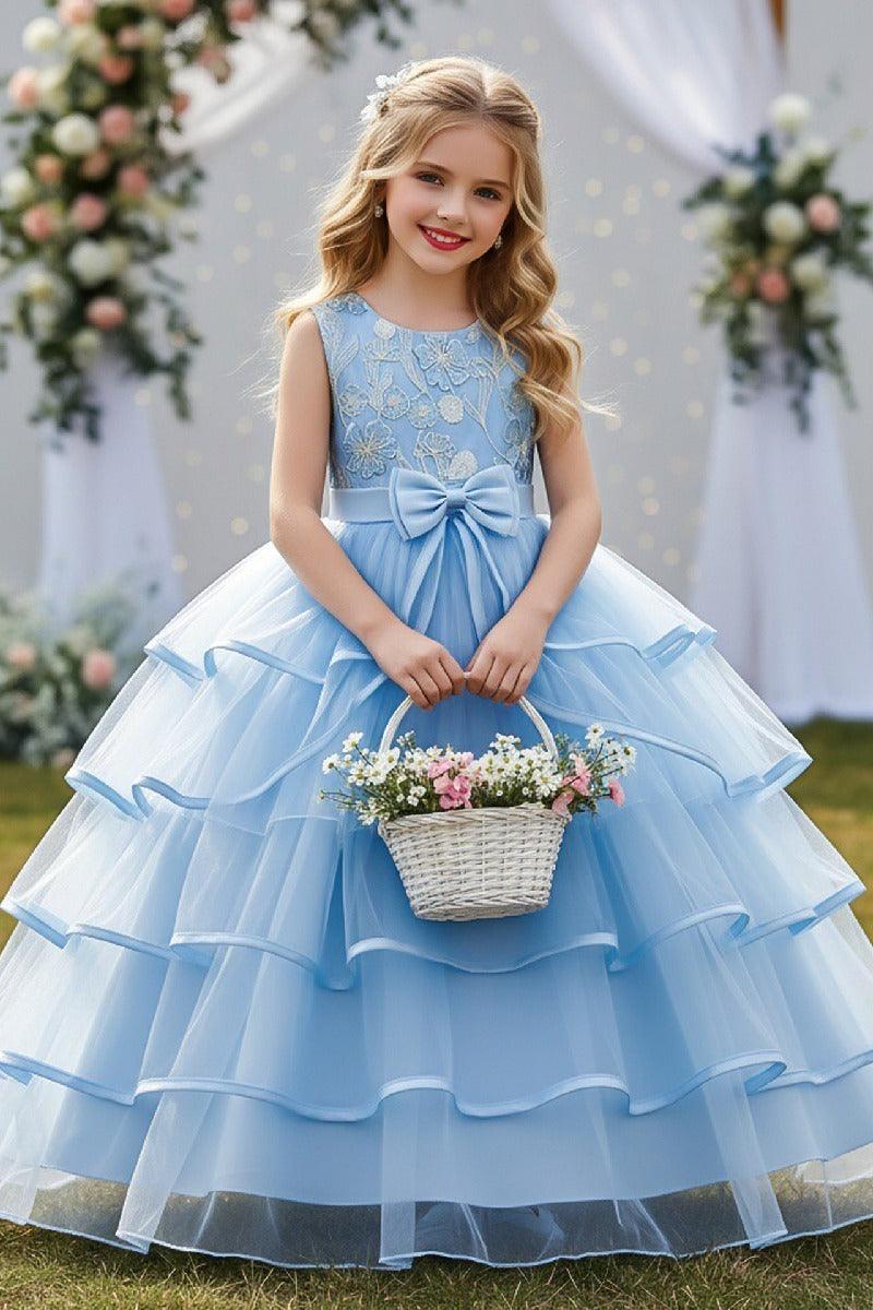 A-Line Sleeveless Round Neck Tulle Floor Length Flower Girl Dresses 1049620485587 - 7 Days / Sky Blue / 120cm - COCOMELODY